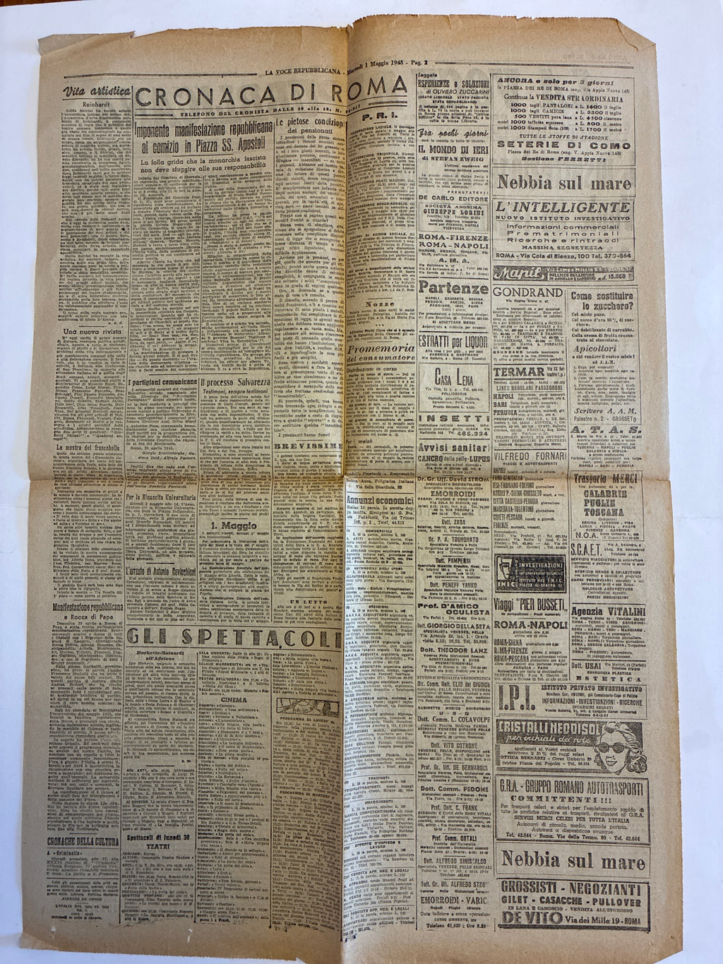 GIORNALE ORIGINALE 1 Maggio 1945 La Voce Repubblicana - FINE MUSSOLINI E LIBERAZIONE MILANO Rarità