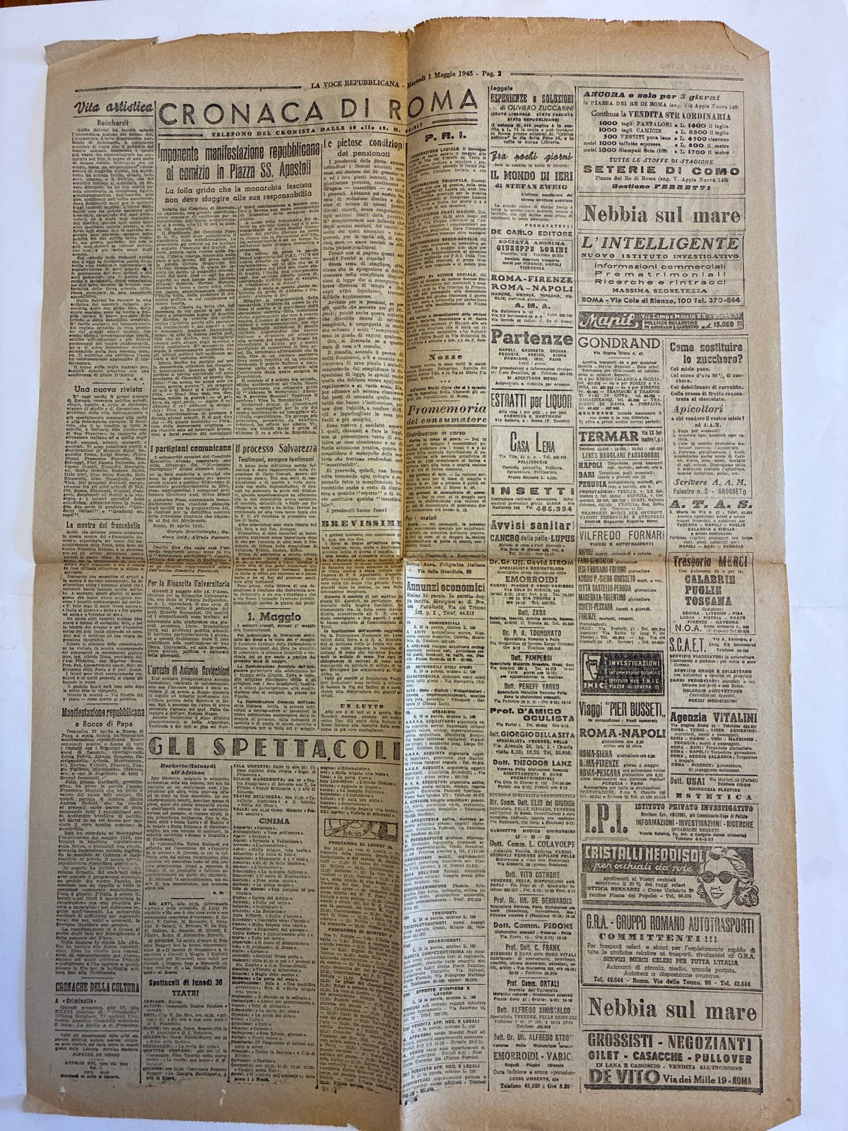 GIORNALE ORIGINALE 1 Maggio 1945 La Voce Repubblicana - FINE MUSSOLINI E LIBERAZIONE MILANO Rarità