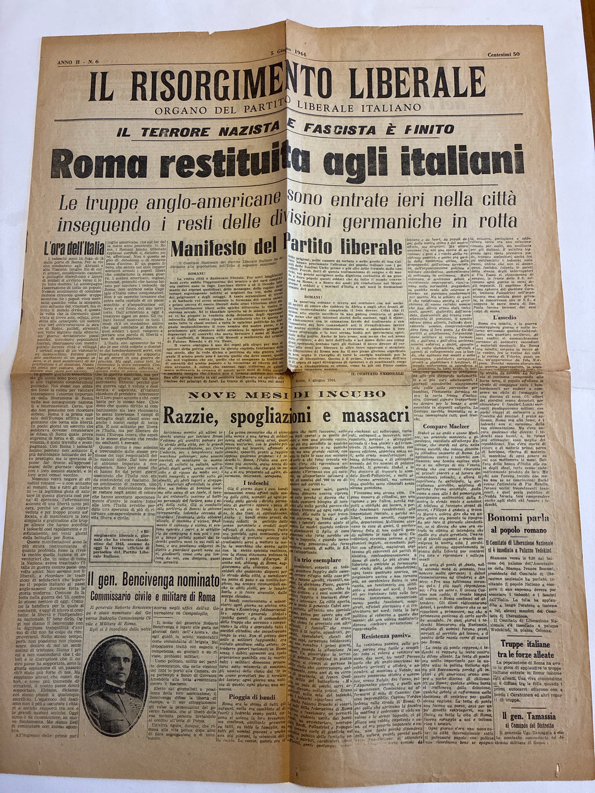 Storico Quotidiano Originale Il Risorgimento Liberale 5 Giugno 1944 - Edizione Completa Roma Liberata