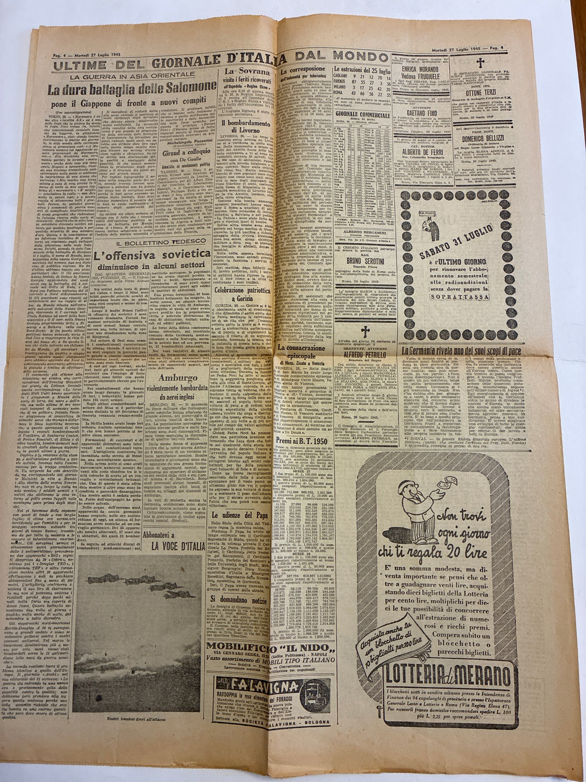 Quotidiano Originale Il Giornale d'Italia 27 Luglio 1943 - Caduta del Fascismo e Governo Badoglio
