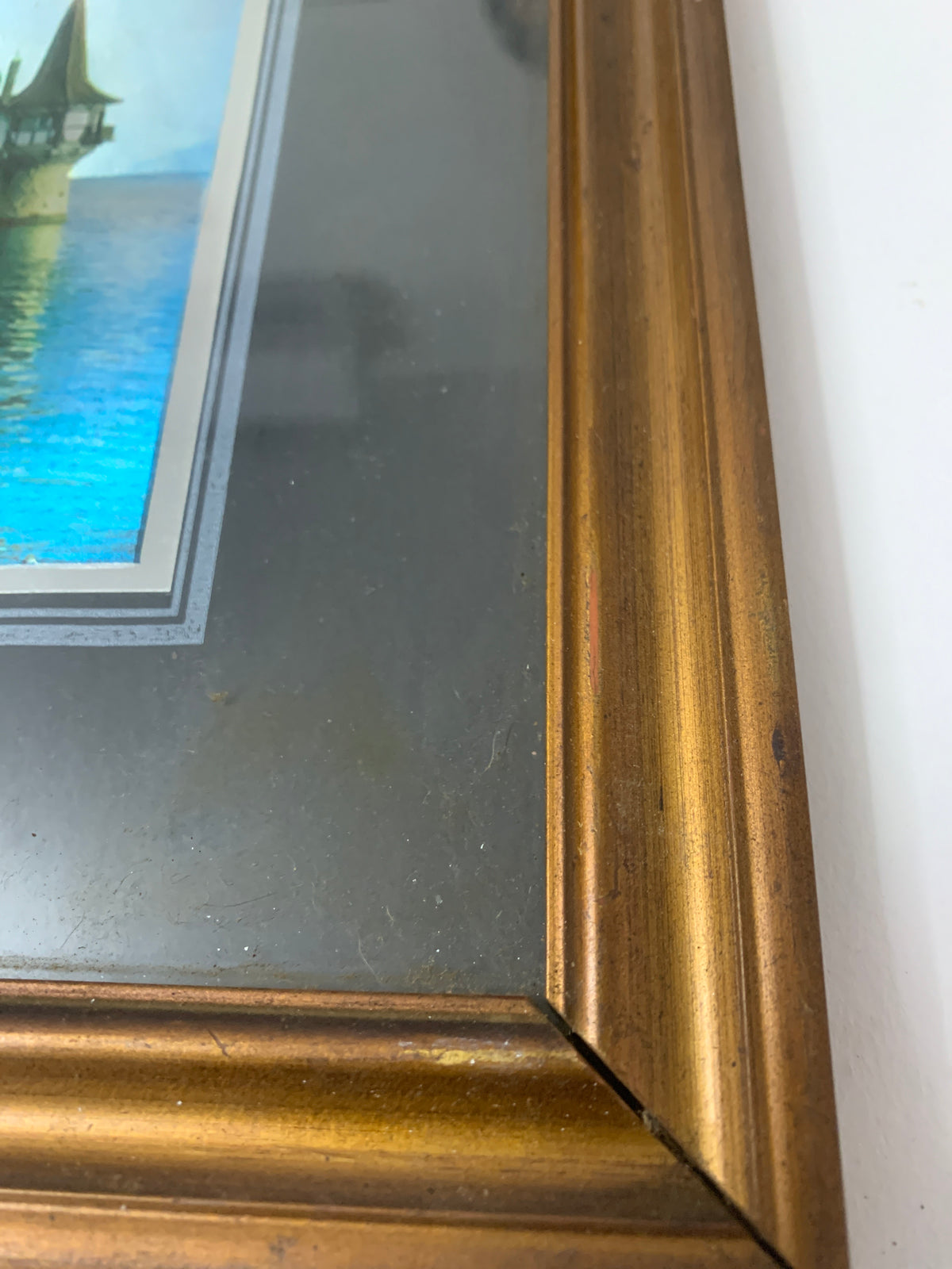 Quadro Vintage Castello di Oberhofen (Svizzera) su Lastra Argentata con Cornice Dorata
