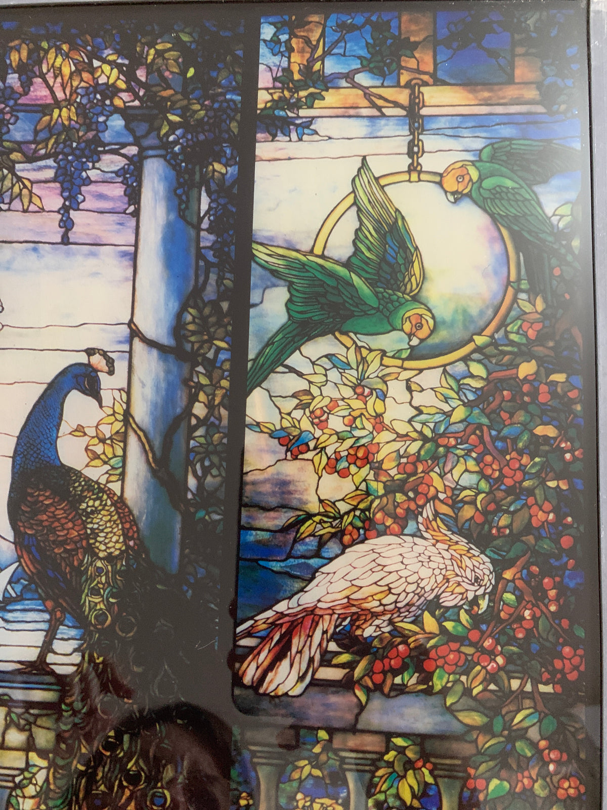 Pannello Decorativo in Vetro Stile Tiffany "Pavone e Pappagalli" Art Nouveau