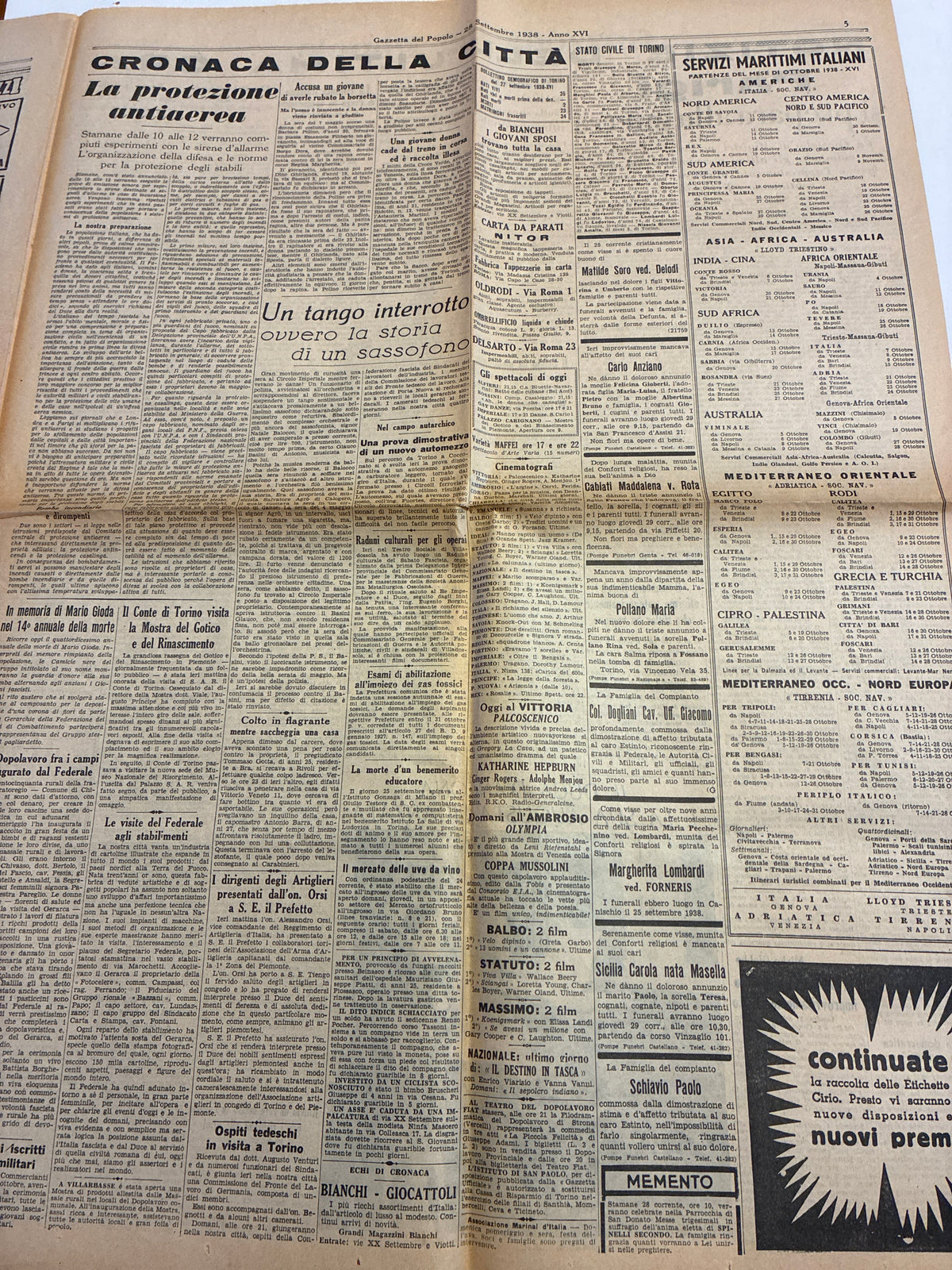 Quotidiano Storico Gazzetta del Popolo 28 Settembre 1938 Crisi di Monaco Fascismo Hitler