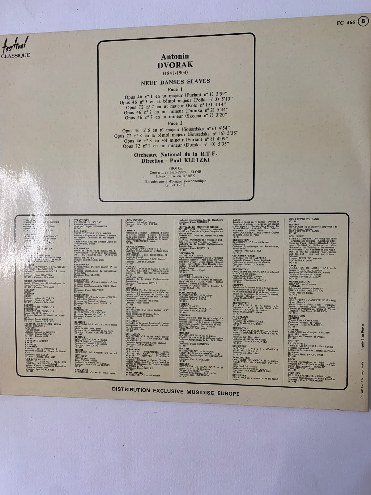 Dvořák: Neuf Danses Slaves – Orchestre National de la R.T.F., Paul Kletzki (LP, Francia, Festival Classique FC 466)