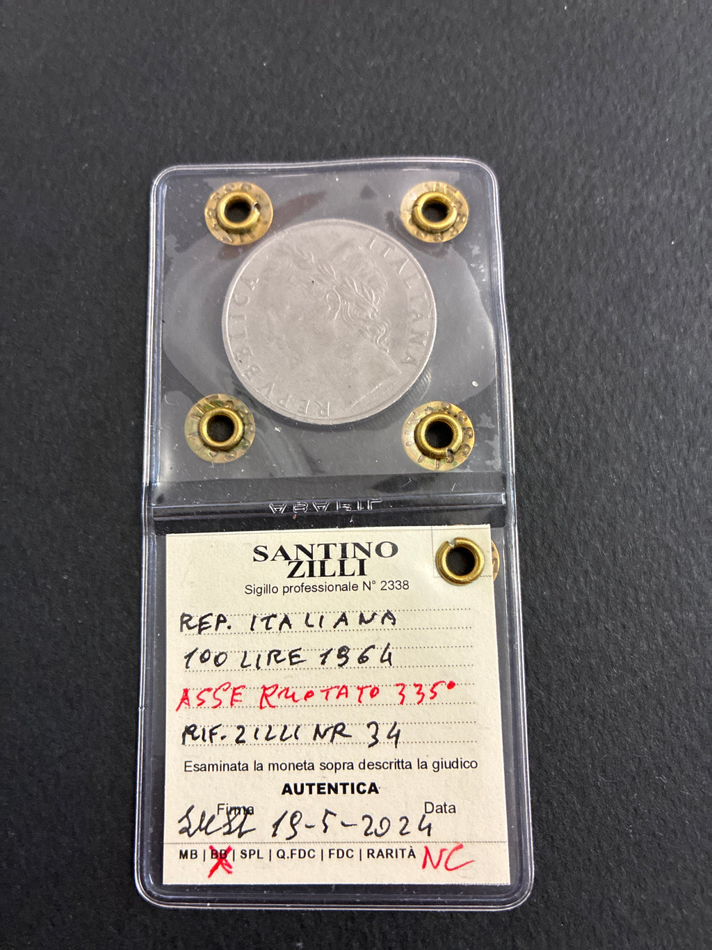 Moneta periziata da 100 Lire 1964 Minerva - Variante con errore di conio "Asse ruotato 335°" (Zilli 34) - Grado BB / NC