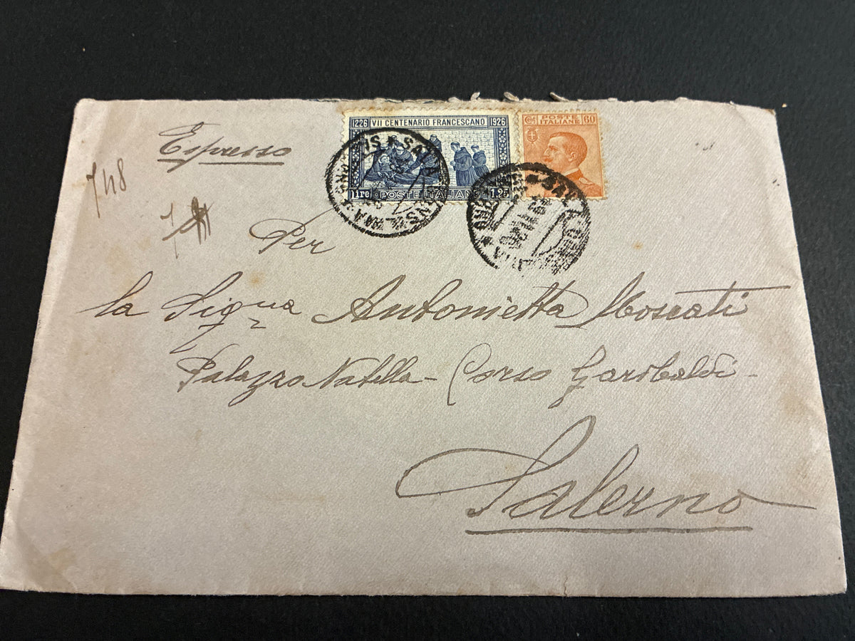 Busta 1926 spedita per espresso a Salerno in tariffa con francobollo commemorativo vii centenario francescano da lire 1,25.