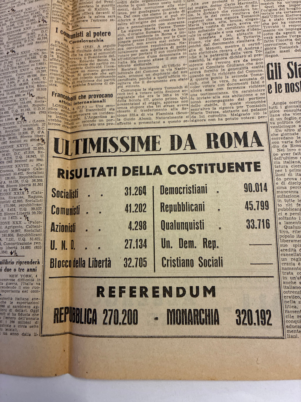 Quotidiano ORIGINALE 4 Giugno 1946 Avanti Vantaggio REPUBBLICA 2 Facciate