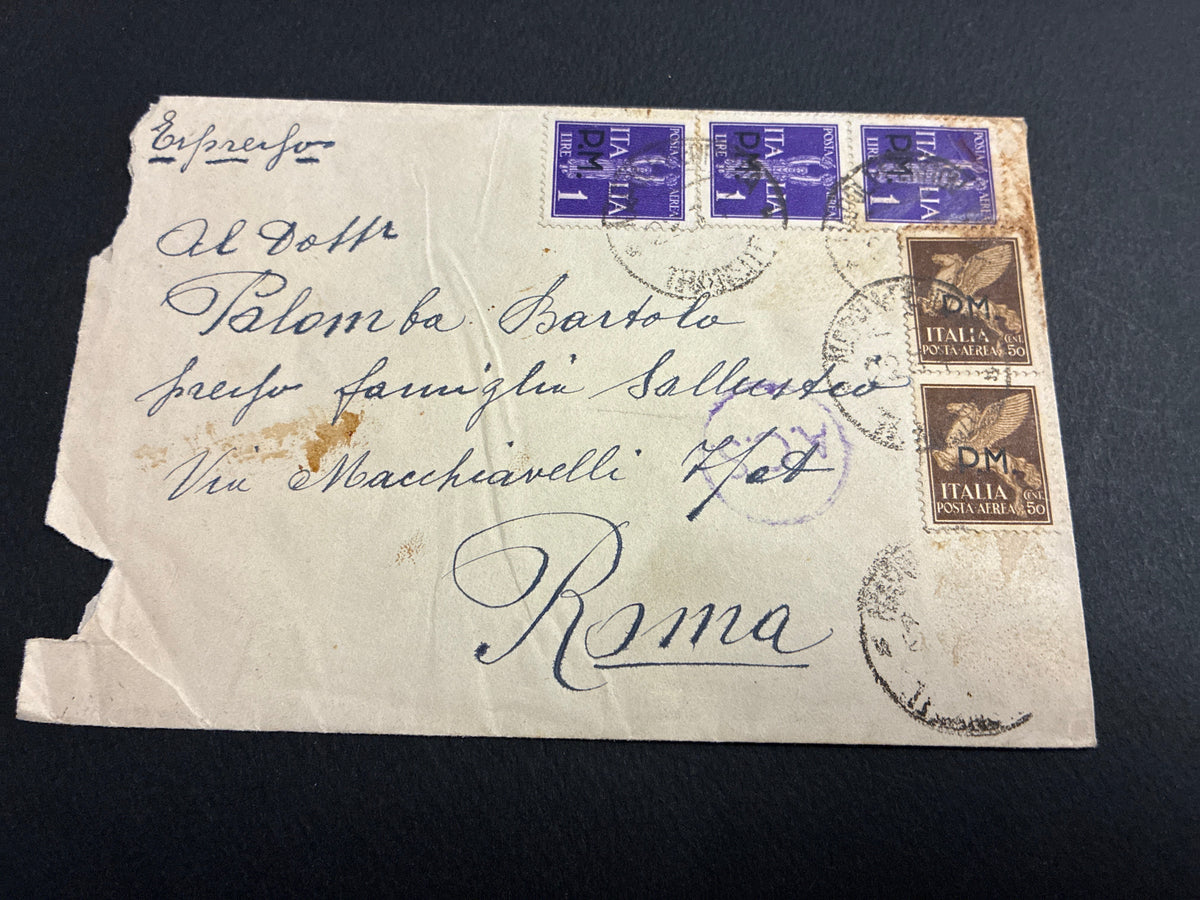 Busta 1943/44 da Torre del Greco a Roma affrancata con Posta Aerea Imperiale sovrastampata P.M. e timbro di Censura Alleata A.C.S.