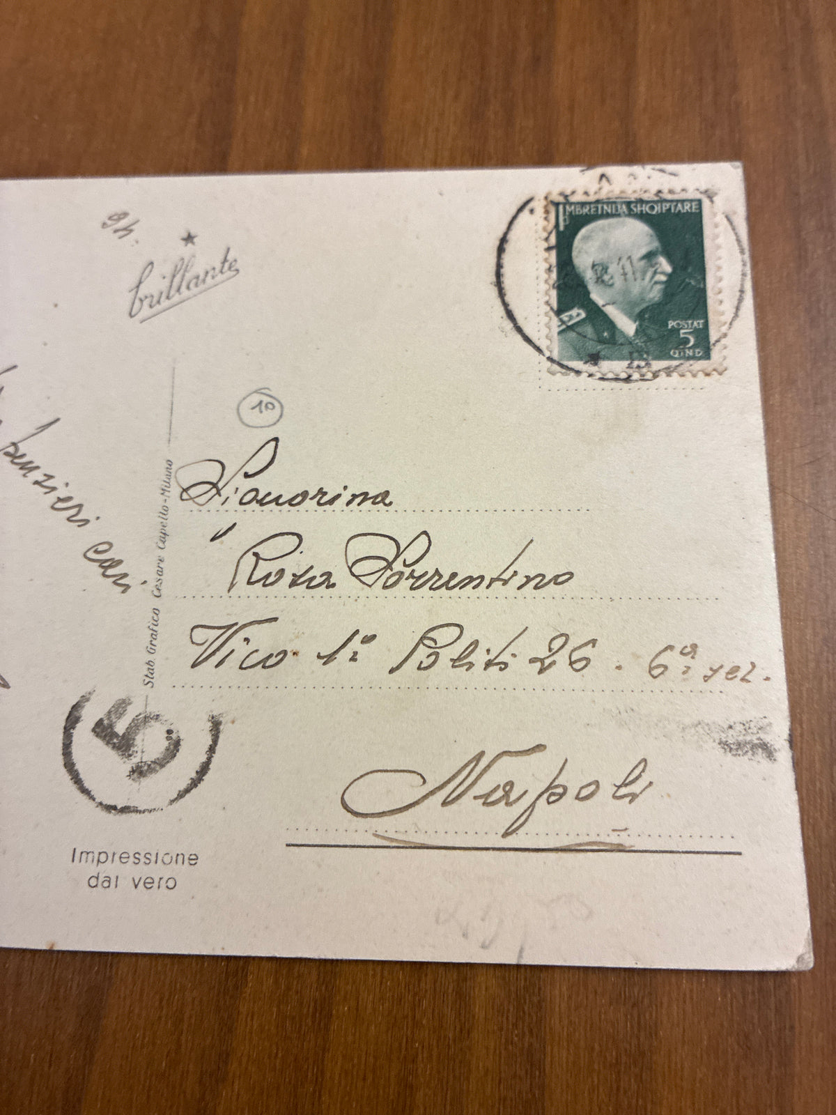 Albania Occupazione Italiana 1941 Cartolina da Tirana a Napoli Affrancata 5 Qind Vittorio Emanuele III Imperatore Era Fascista Anno XIX