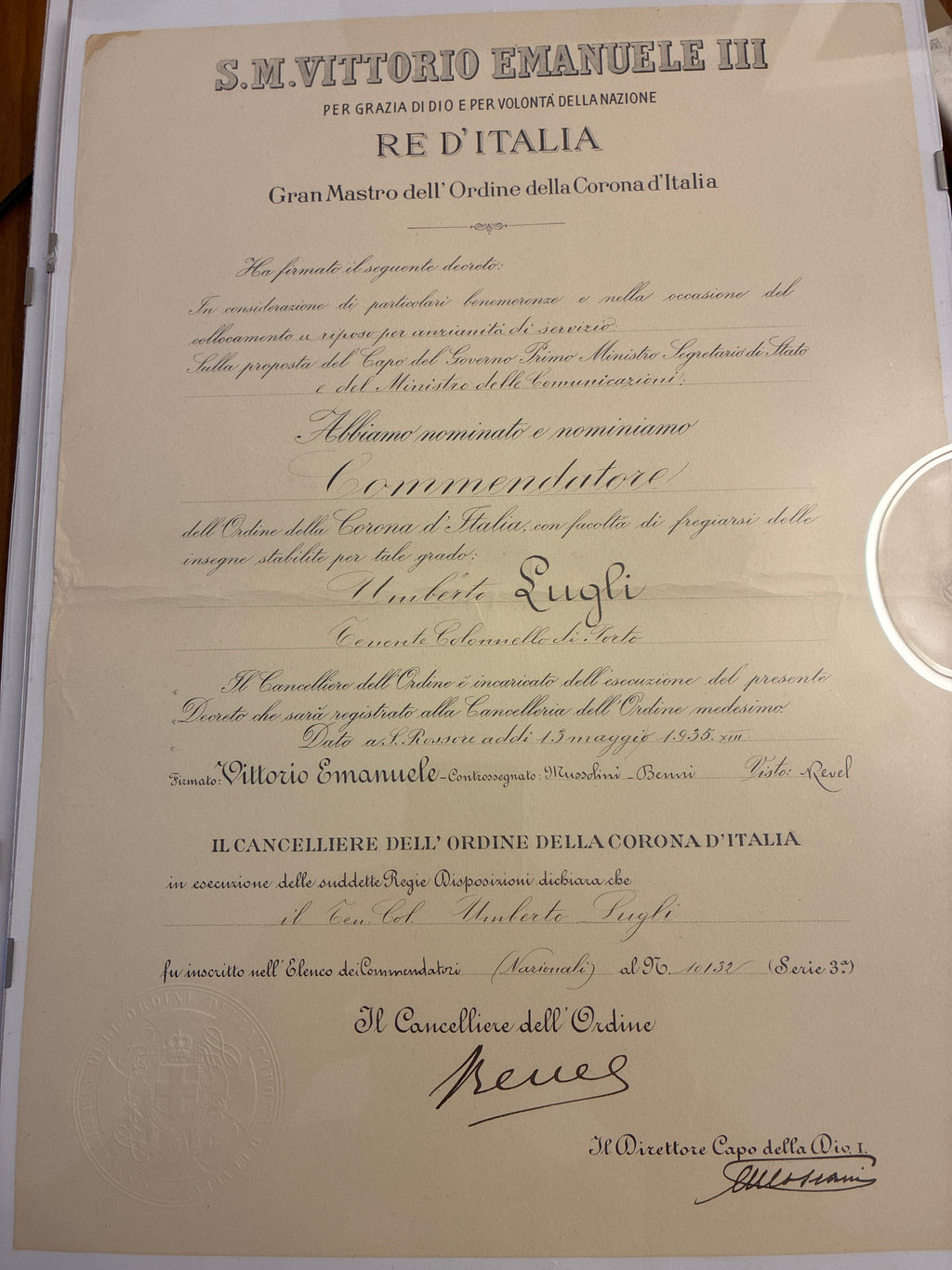 Raro Decreto 1935 Commendatore Corona d'Italia - Firma Autografa Ammiraglio Revel Timbro Secco - Incorniciato Umberto Lugli
