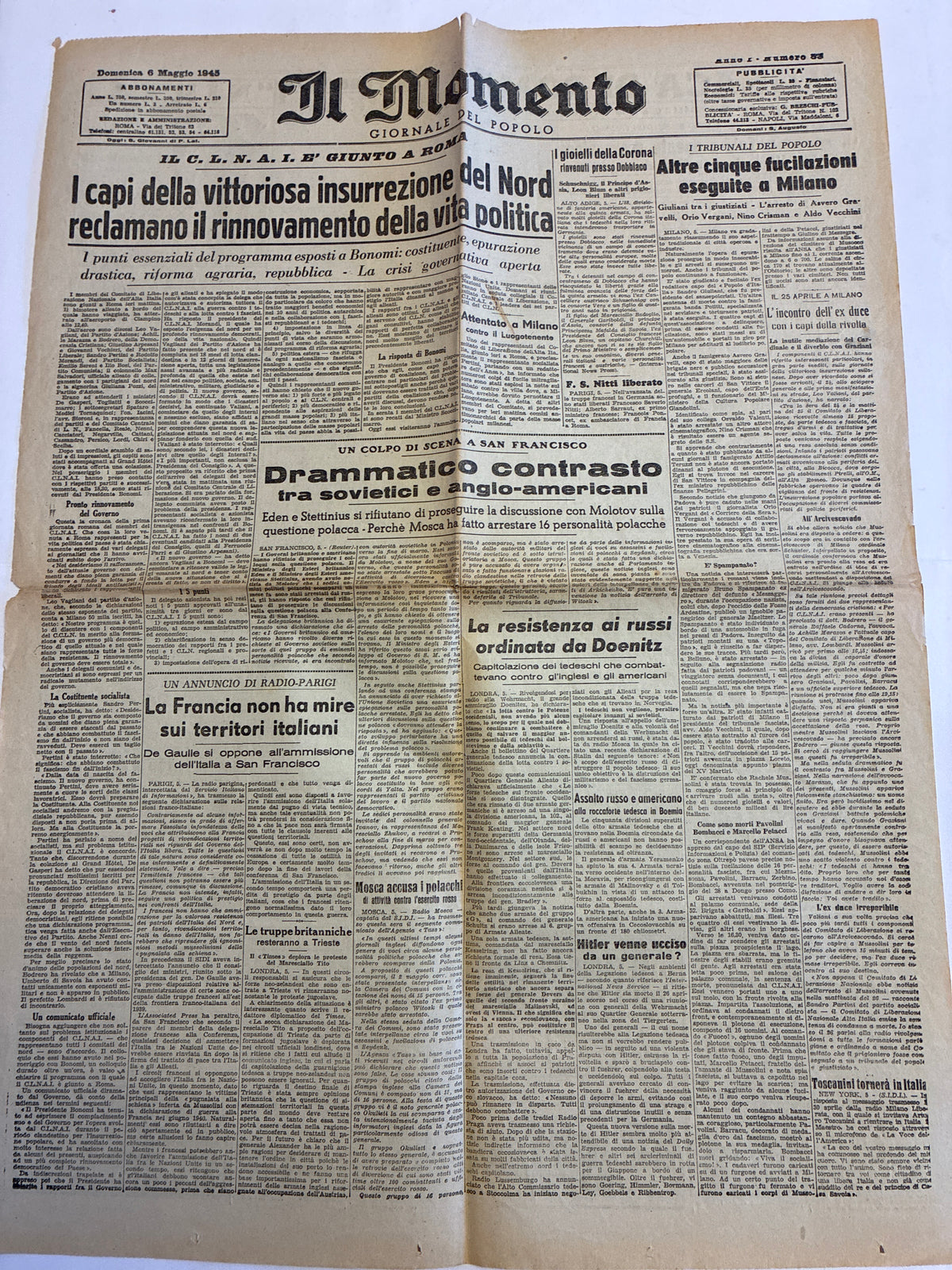 Rarissimo Quotidiano Il Momento Originale 6 Maggio 1945 {Arrivo Del CLNAI A Roma E Giallo Morte Hitler}