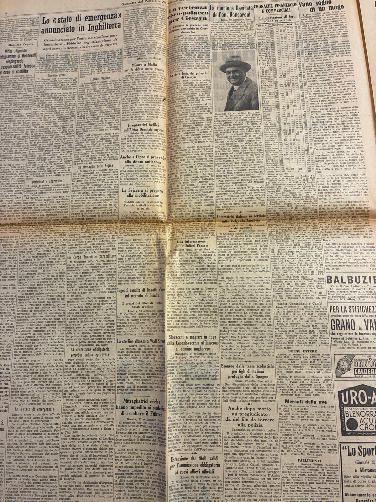 Quotidiano Storico Gazzetta del Popolo 28 Settembre 1938 Crisi di Monaco Fascismo Hitler