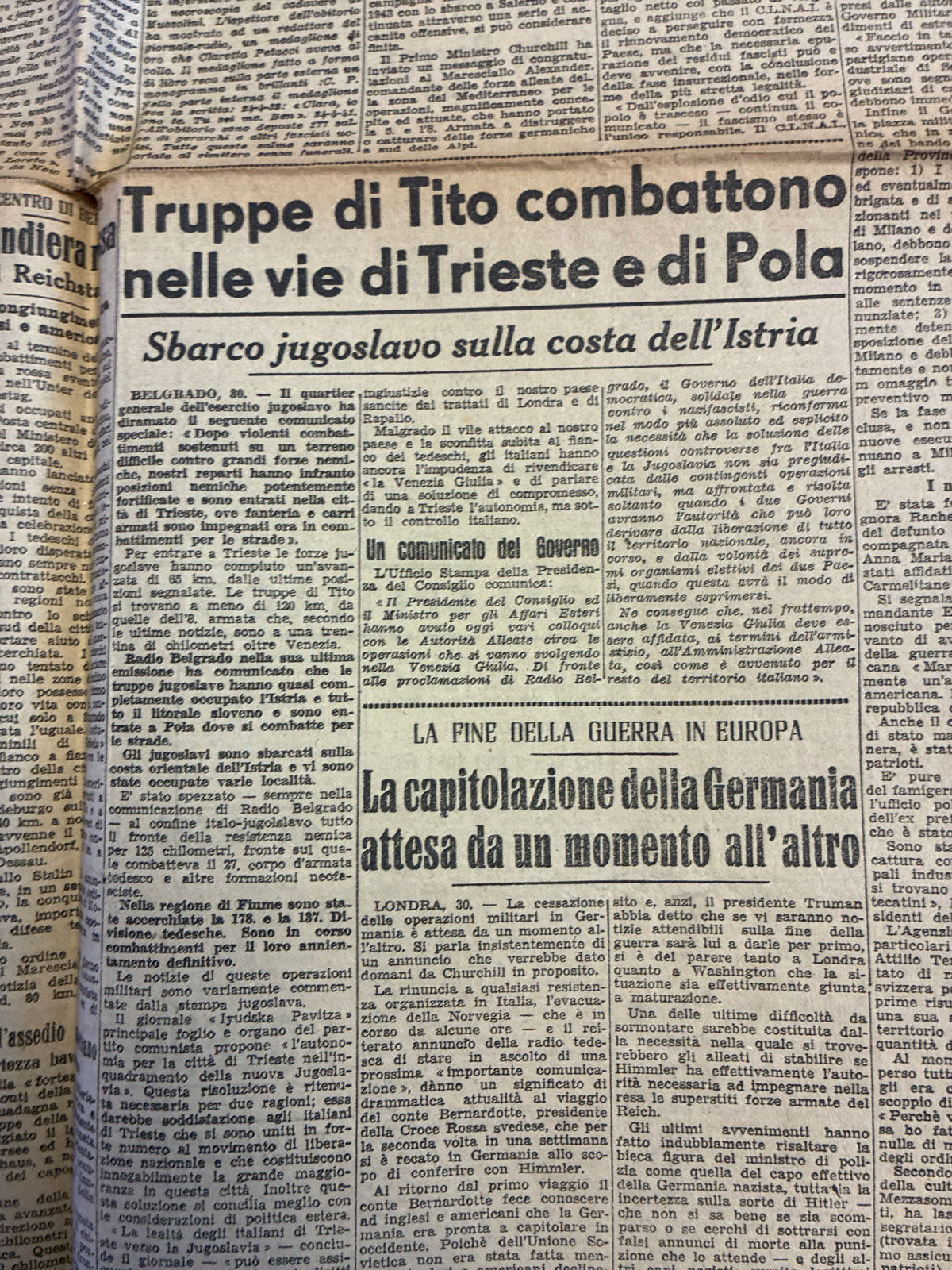 Quotidiano Storico IL MOMENTO 1 Maggio 1945 - Rara Edizione Originale "Come Giustiziai Mussolini" (Autopsia e Caduta del Fascismo)