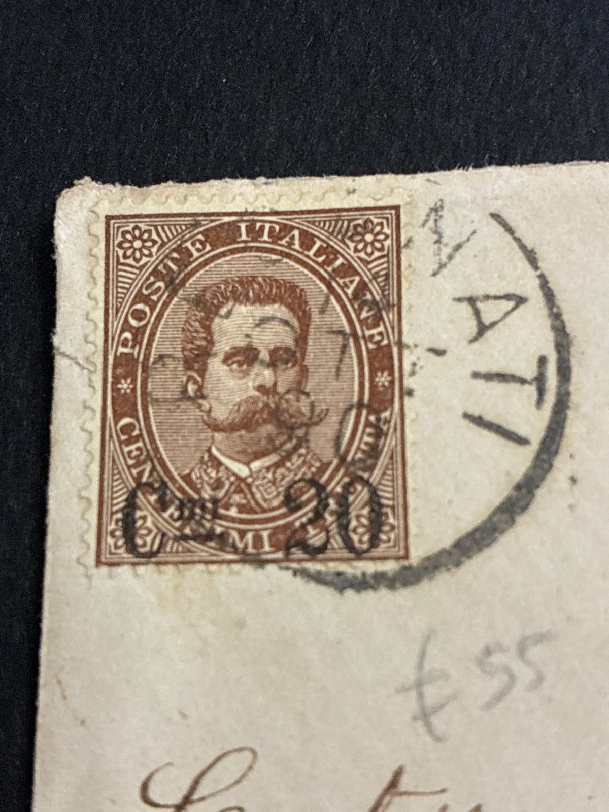 Busta 1890 da Recanati ad Ancona in tariffa umbertina con francobollo sovrastampato da 20 centesimi su 30 centesimi