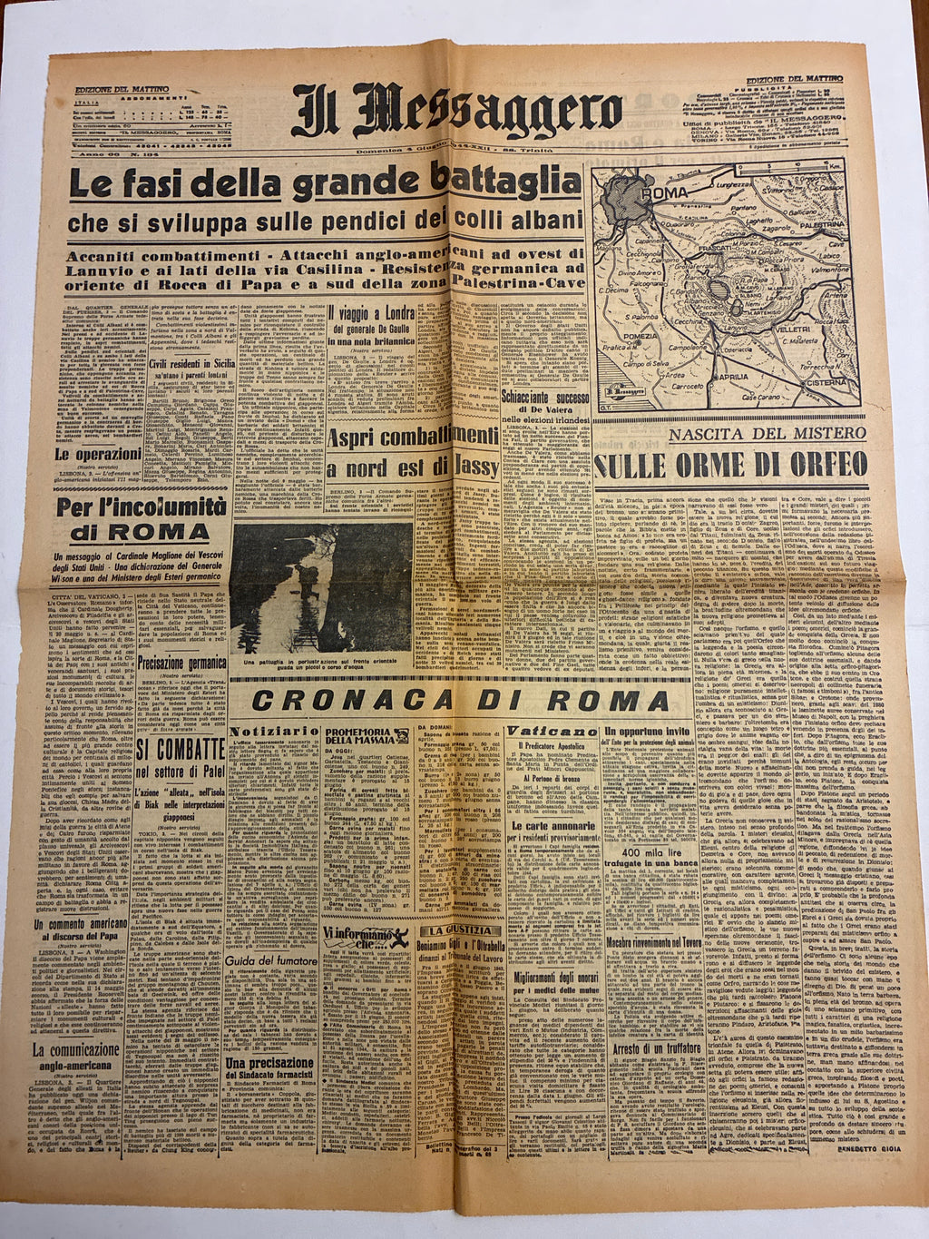 Quotidiano ORIGINALE 4 Giugno 1944 Il Messaggero Liberazione di Roma Mappa COMPLETO