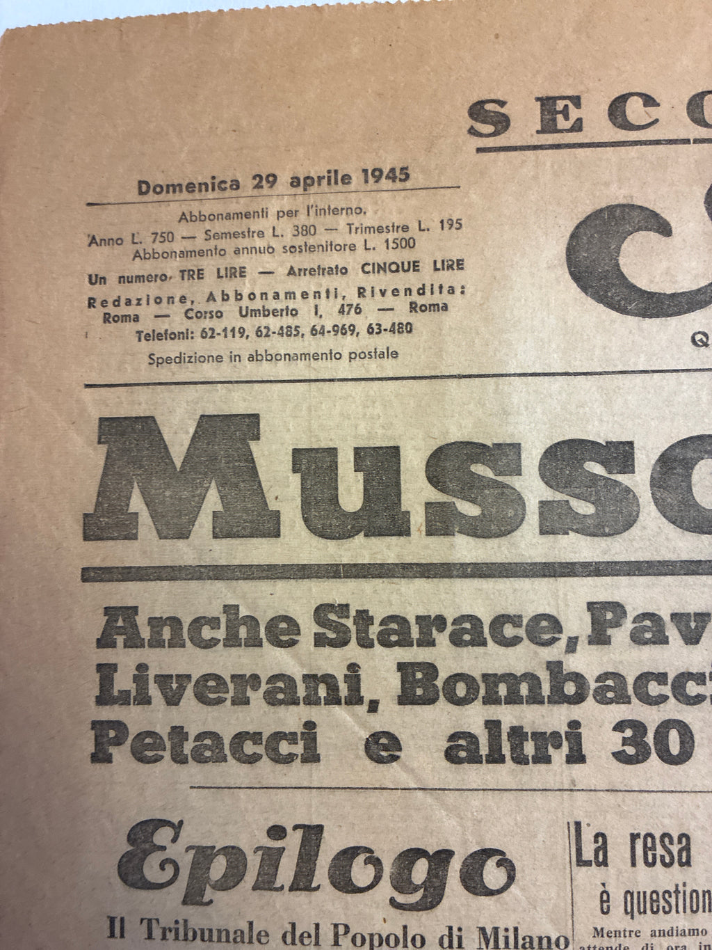Storico Quotidiano Originale L'Avanti! 29 Aprile 1945 - Seconda Edizione Roma - Fucilazione Mussolini e Gerarchi