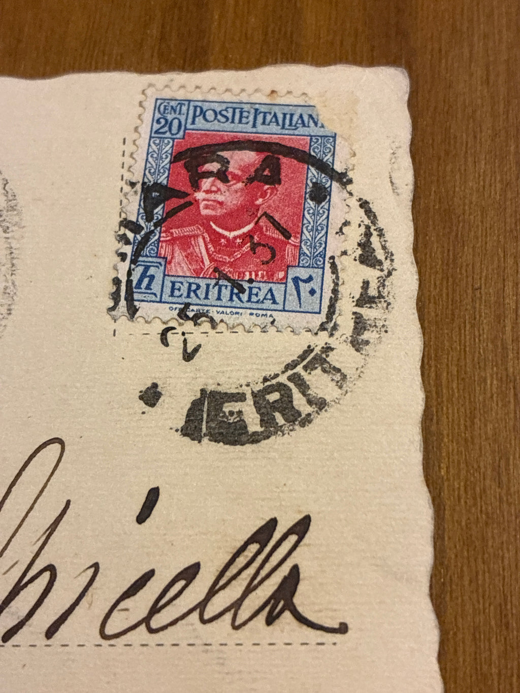 Rara cartolina d'epoca coloniale fotografica (tipo Fotoseta) dell'Eritrea, viaggiata nel 1937 con interessante documento di storia postale