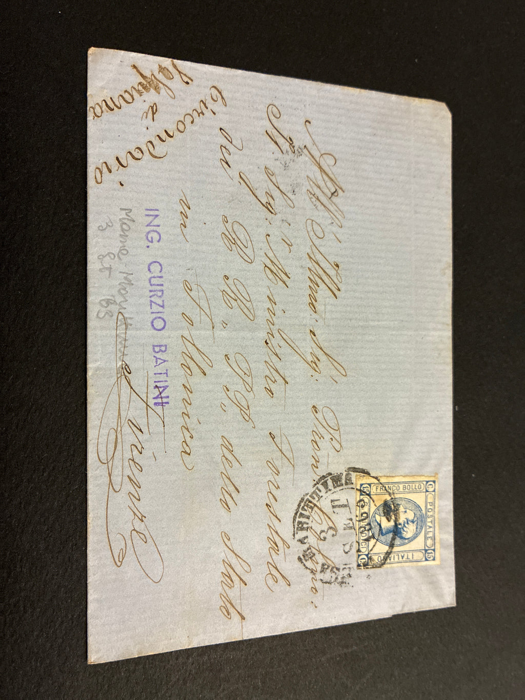 Lettera del Regno d'Italia (1863) con 15 c. del secondo tipo ex coll. Curzio Batini, da Massa Marittima per il circondario di Valpiana (Follonica) con transito Ambulante