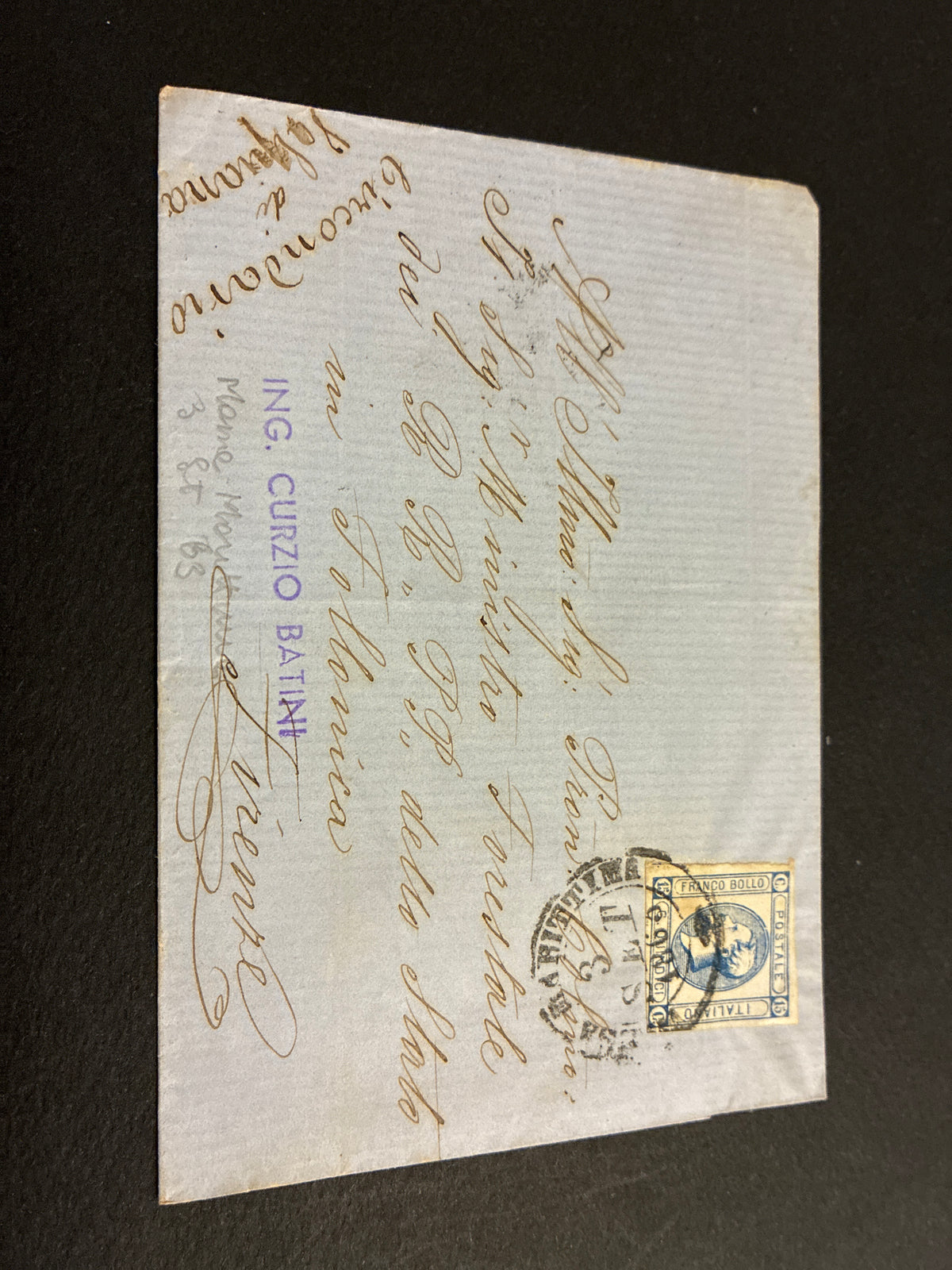 Lettera del Regno d'Italia (1863) con 15 c. del secondo tipo ex coll. Curzio Batini, da Massa Marittima per il circondario di Valpiana (Follonica) con transito Ambulante