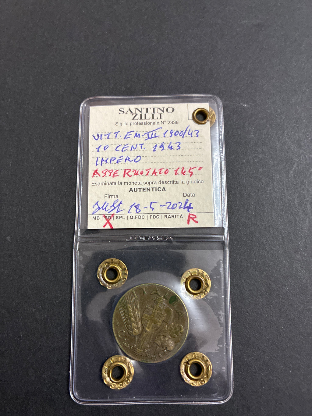 10 Centesimi 1943 "Impero" – Variante Asse Ruotato 145°, Rara, BB