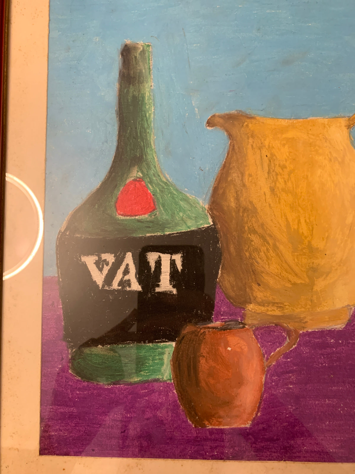 Natura morta con bottiglia VAT e brocche (dipinto vintage)