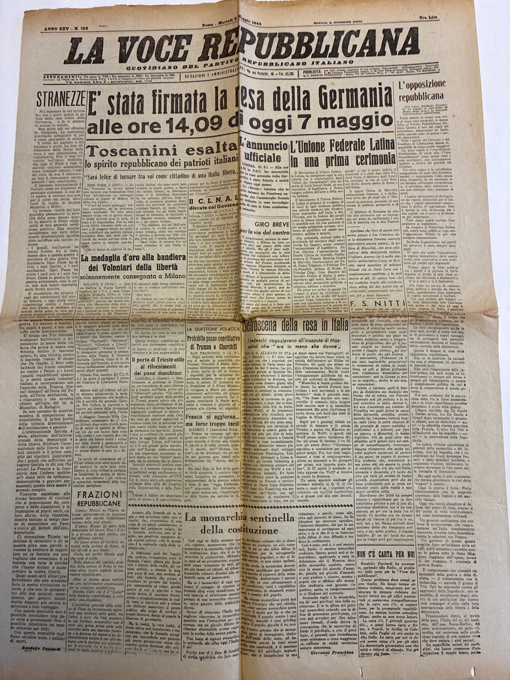 Rarissimo Quotidiano La Voce Repubblicana 8 Maggio 1945 {V-E Day Resa Della Germania E Messaggio Toscanini}