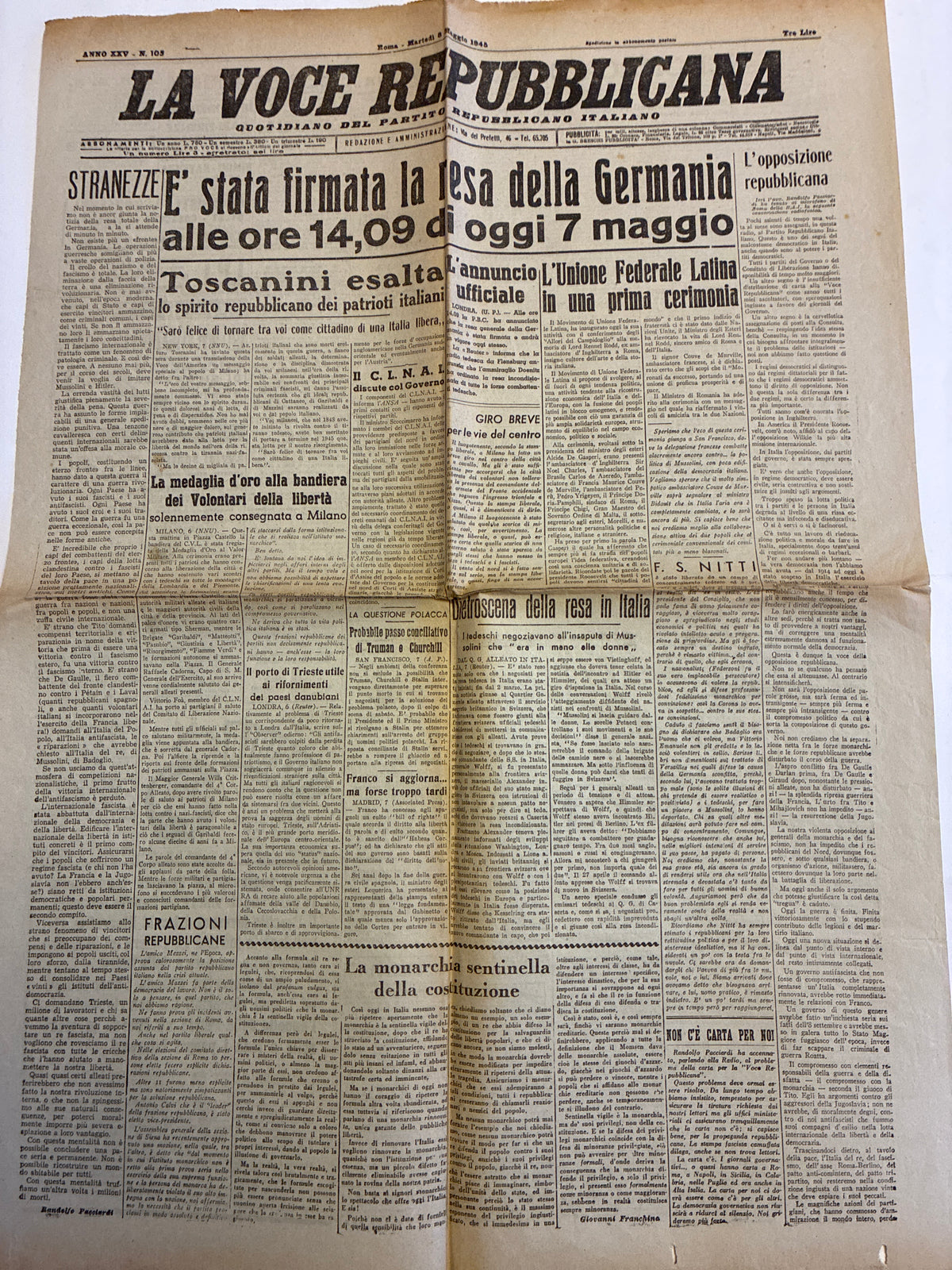 Rarissimo Quotidiano La Voce Repubblicana 8 Maggio 1945 {V-E Day Resa Della Germania E Messaggio Toscanini}