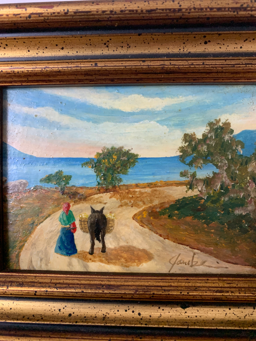 Dipinto Olio su Tavoletta - Paesaggio Costiero Mediterraneo con Donna e Asinello - Con Cornice Dorata