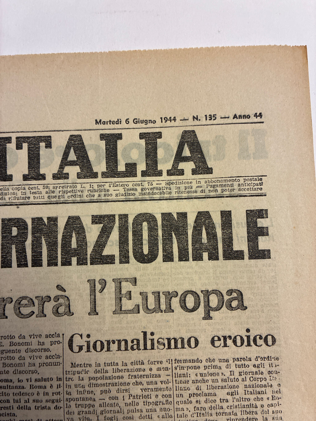 Quotidiano storico "Il Giornale d'Italia" – Edizione della Liberazione di Roma (6 Giugno 1944)