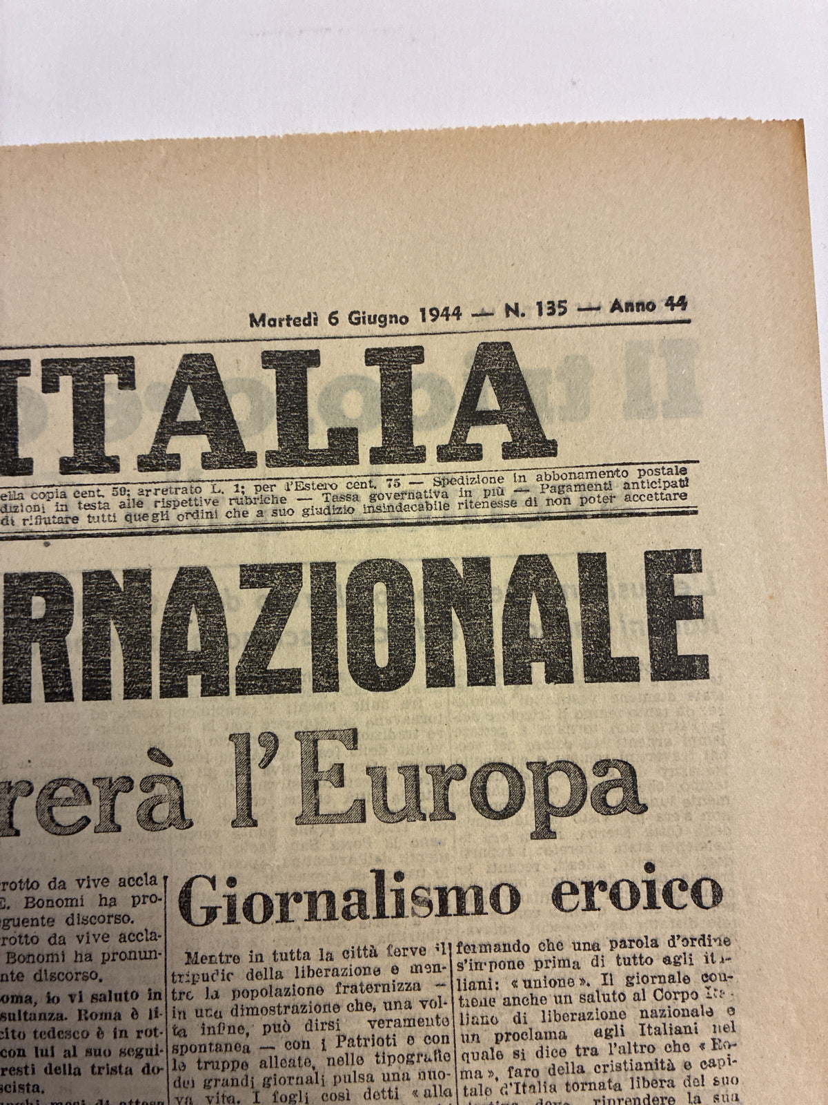 Quotidiano storico "Il Giornale d'Italia" – Edizione della Liberazione di Roma (6 Giugno 1944)