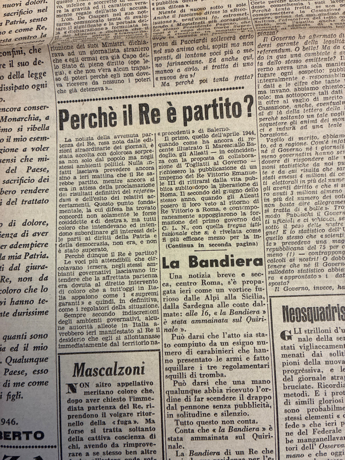 GIORNALE ORIGINALE 14 Giugno 1946 Italia Nuova - ULTIMO PROCLAMA RE UMBERTO II ESILIO Eccellente Stato
