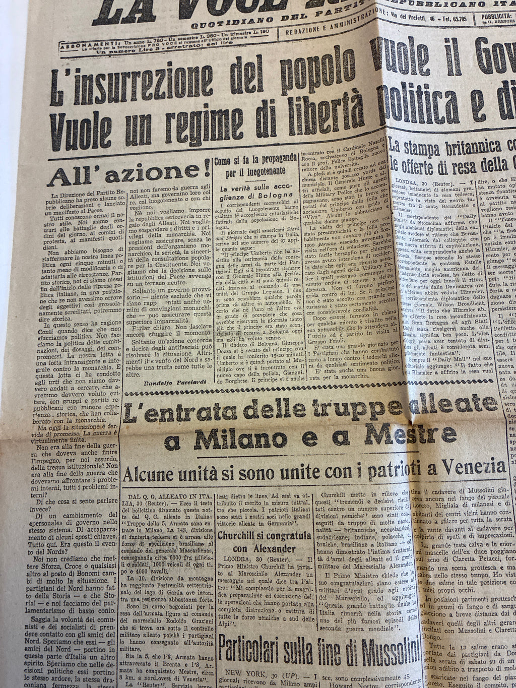 GIORNALE ORIGINALE 1 Maggio 1945 La Voce Repubblicana - FINE MUSSOLINI E LIBERAZIONE MILANO Rarità