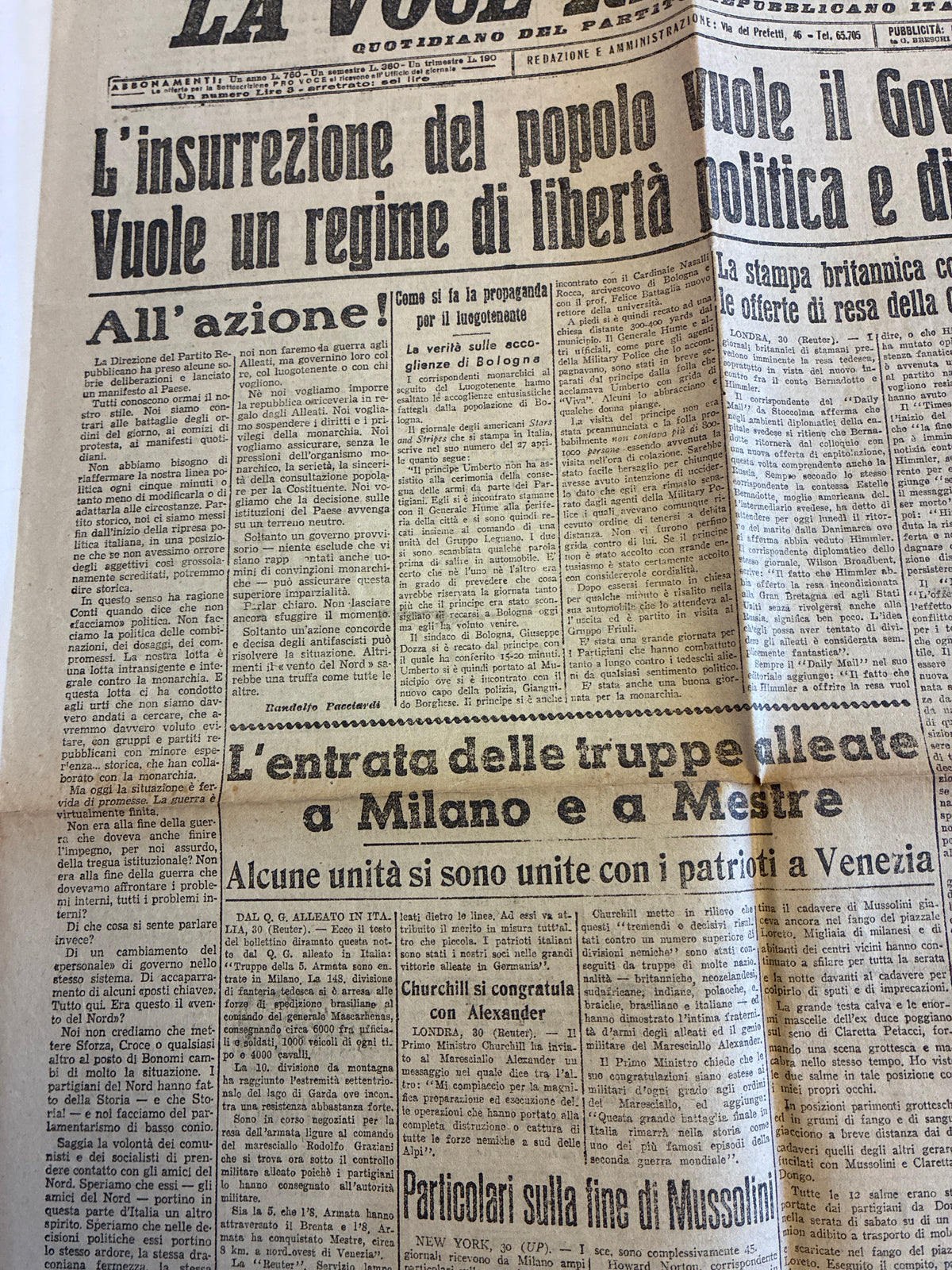 GIORNALE ORIGINALE 1 Maggio 1945 La Voce Repubblicana - FINE MUSSOLINI E LIBERAZIONE MILANO Rarità