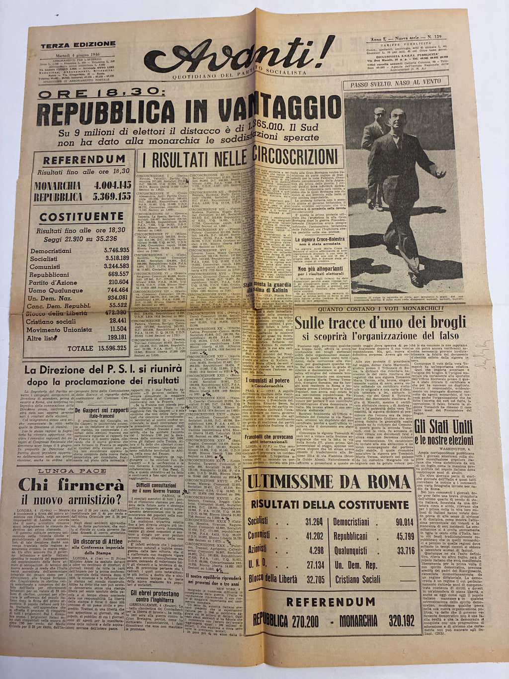 Quotidiano ORIGINALE 4 Giugno 1946 Avanti Vantaggio REPUBBLICA 2 Facciate