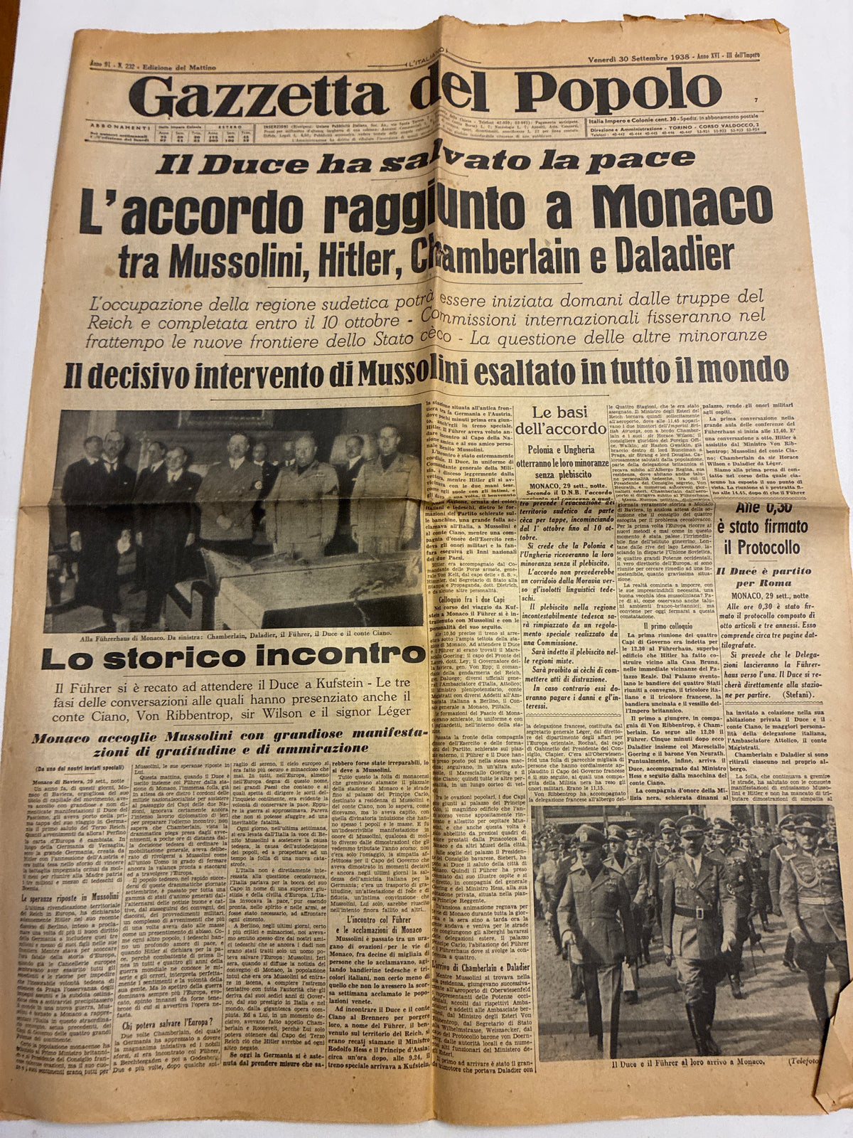 Quotidiano Storico Gazzetta del Popolo 30 Settembre 1938 Accordo Monaco Fascismo Mussolini
