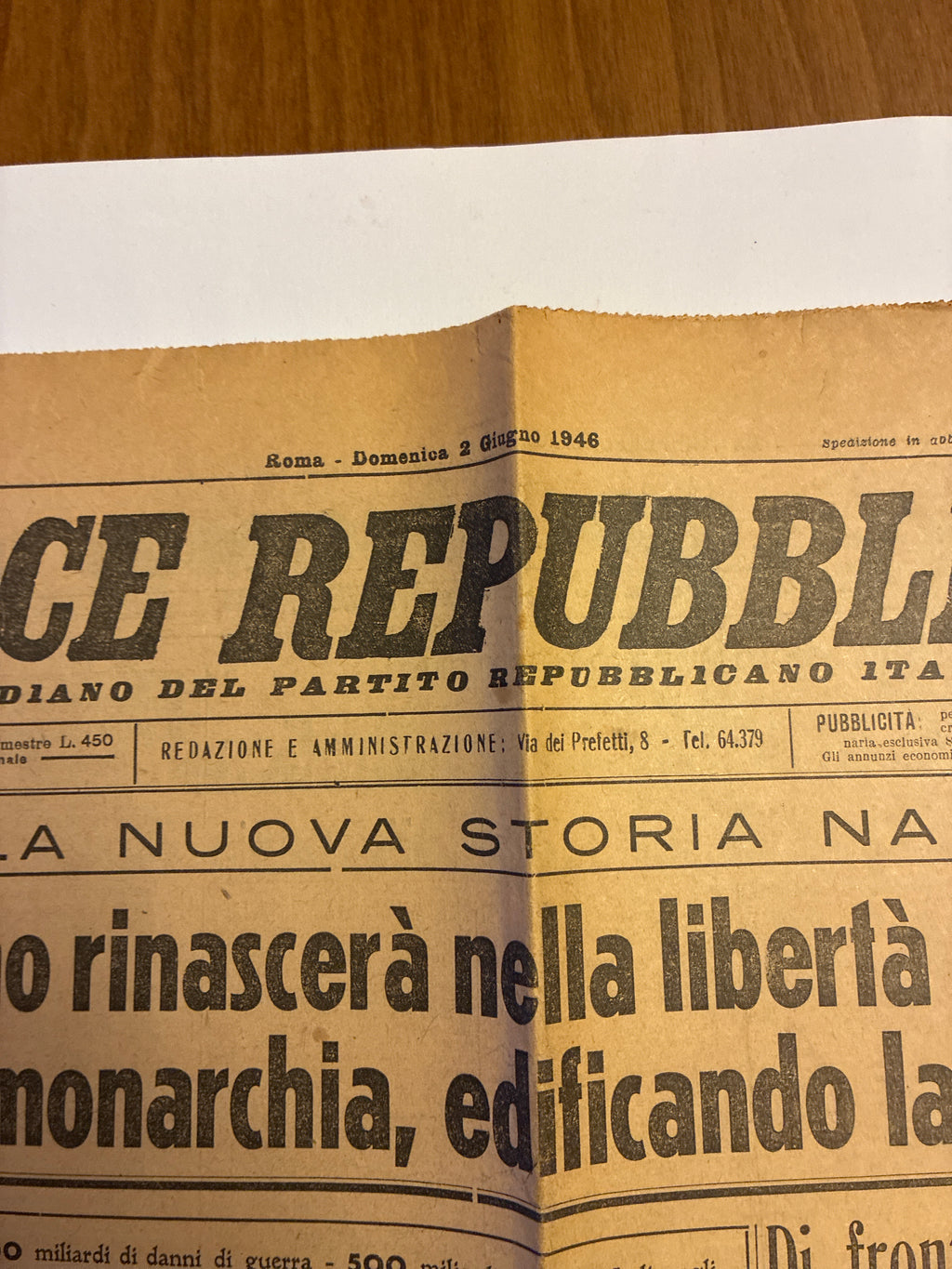 Quotidiano ORIGINALE 2 Giugno 1946 La Voce Repubblicana Referendum COMPLETO
