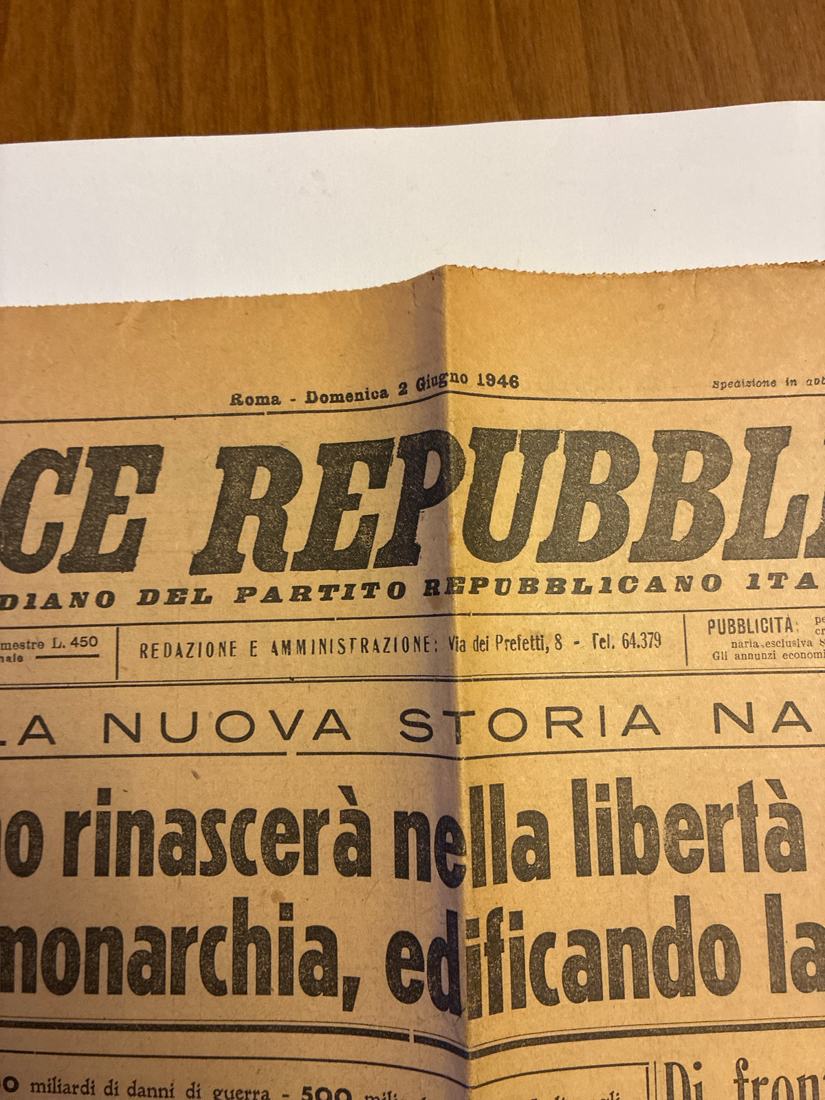 Quotidiano ORIGINALE 2 Giugno 1946 La Voce Repubblicana Referendum COMPLETO