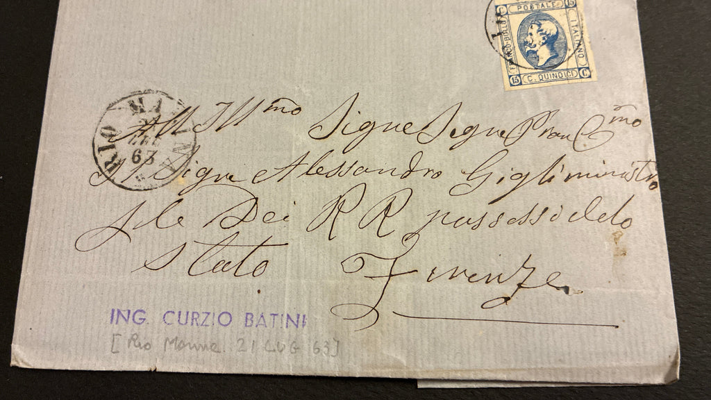 Lettera dall'Isola d'Elba a Firenze (1863) con 15 centesimi Matraire Secondo Tipo e provenienza Collezione Curzio Batini