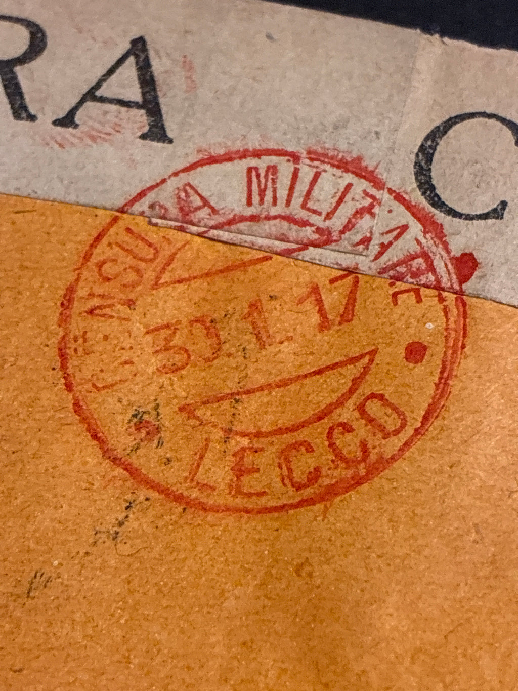 Busta commerciale d'epoca "Cassa di Risparmio delle Provincie Lombarde" con Censura Militare di Lecco e affrancatura provvisoria "CENT. 20" su 15 c. (1917)