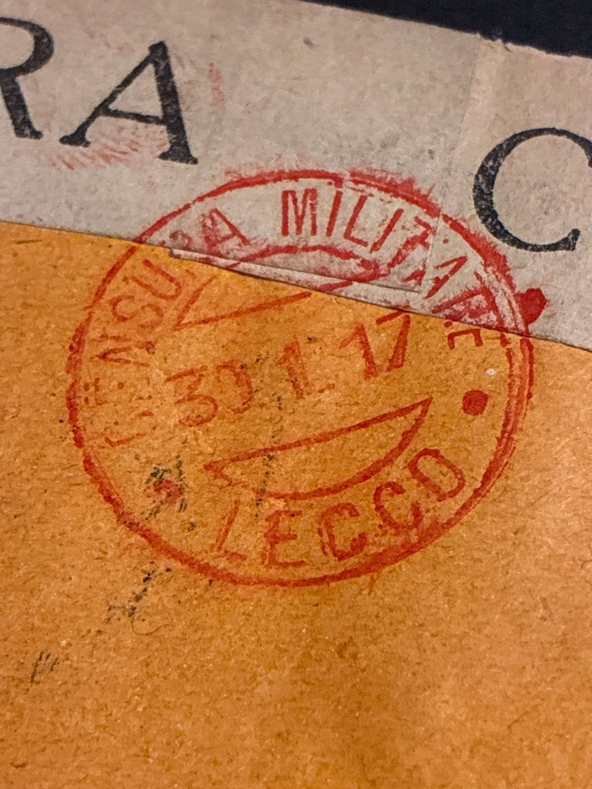 Busta commerciale d'epoca "Cassa di Risparmio delle Provincie Lombarde" con Censura Militare di Lecco e affrancatura provvisoria "CENT. 20" su 15 c. (1917)