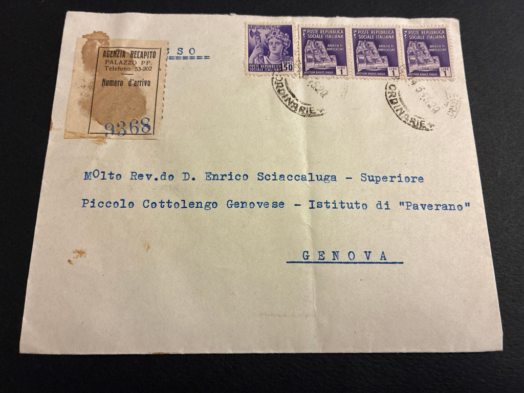 Repubblica Sociale Italiana: lettera da Genova per città del 14 marzo 1945 affrancata con serie Monumenti Distrutti e serie Propaganda di Guerra in esatta tariffa da 3,50 Lire