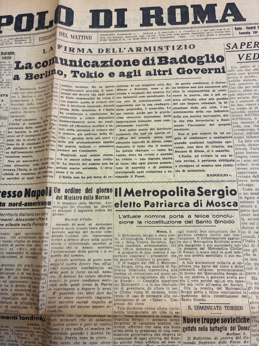 Quotidiano Storico Il Popolo di Roma 10 Settembre 1943 Armistizio Badoglio Sbarco Salerno