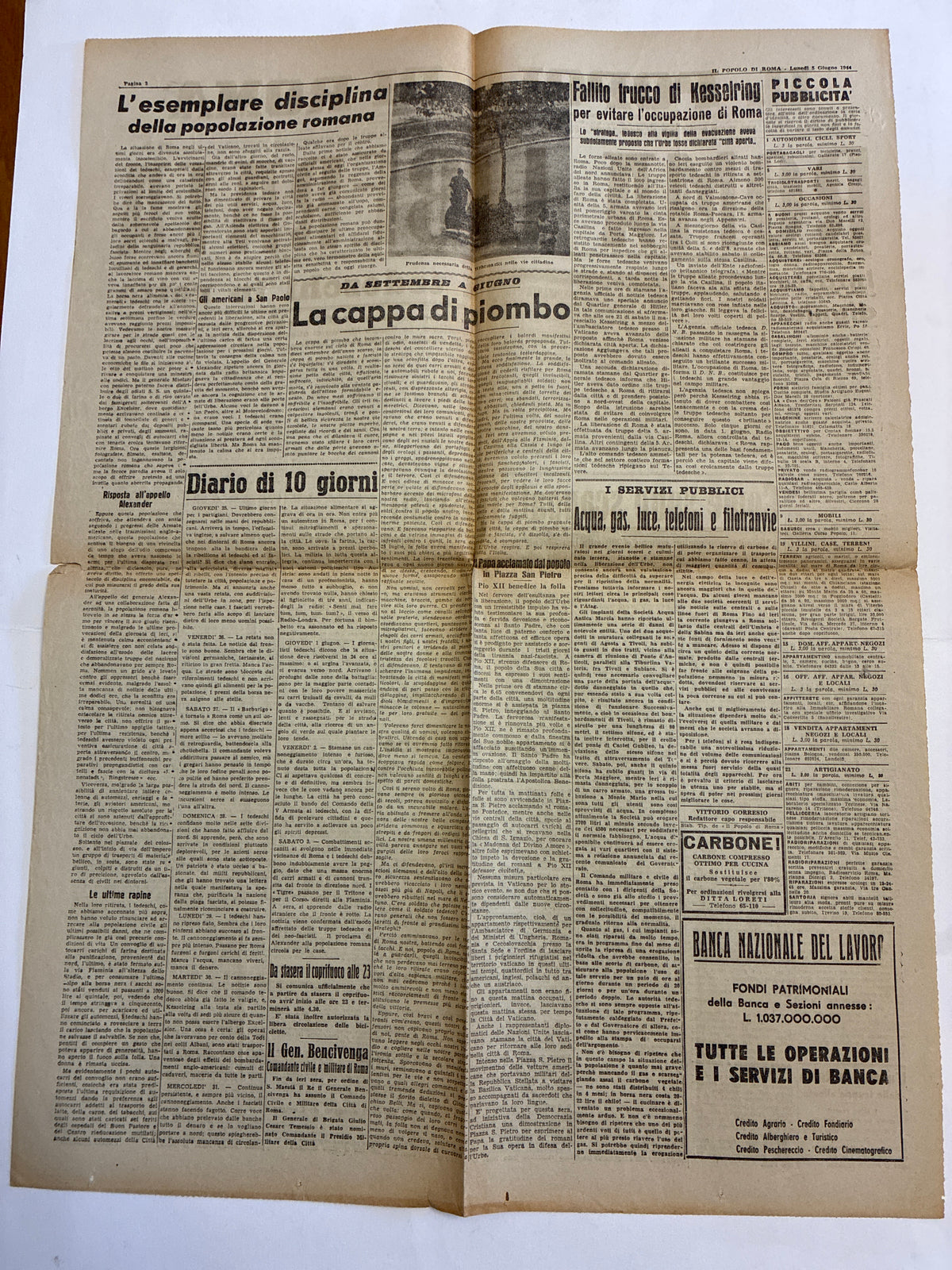 Quotidiano Originale Epoca Il Popolo di Roma 5 Giugno 1944 Roma Liberata Seconda Guerra Mondiale