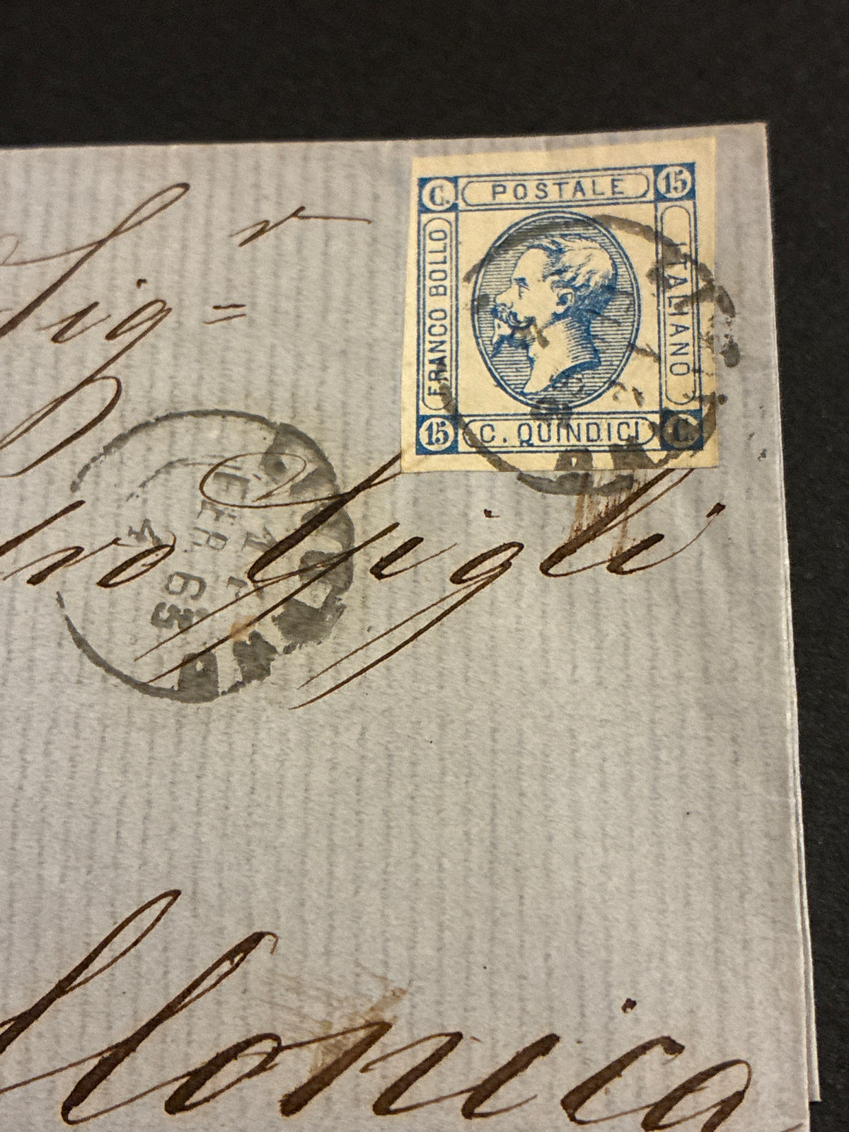 Rarissima. Lettera 1863 con 15 Centesimi Azzurro Primo Tipo "Matraire" in rarissimo uso nei primi giorni dall'Archivio e Collezione dell'Ing. Curzio Batini