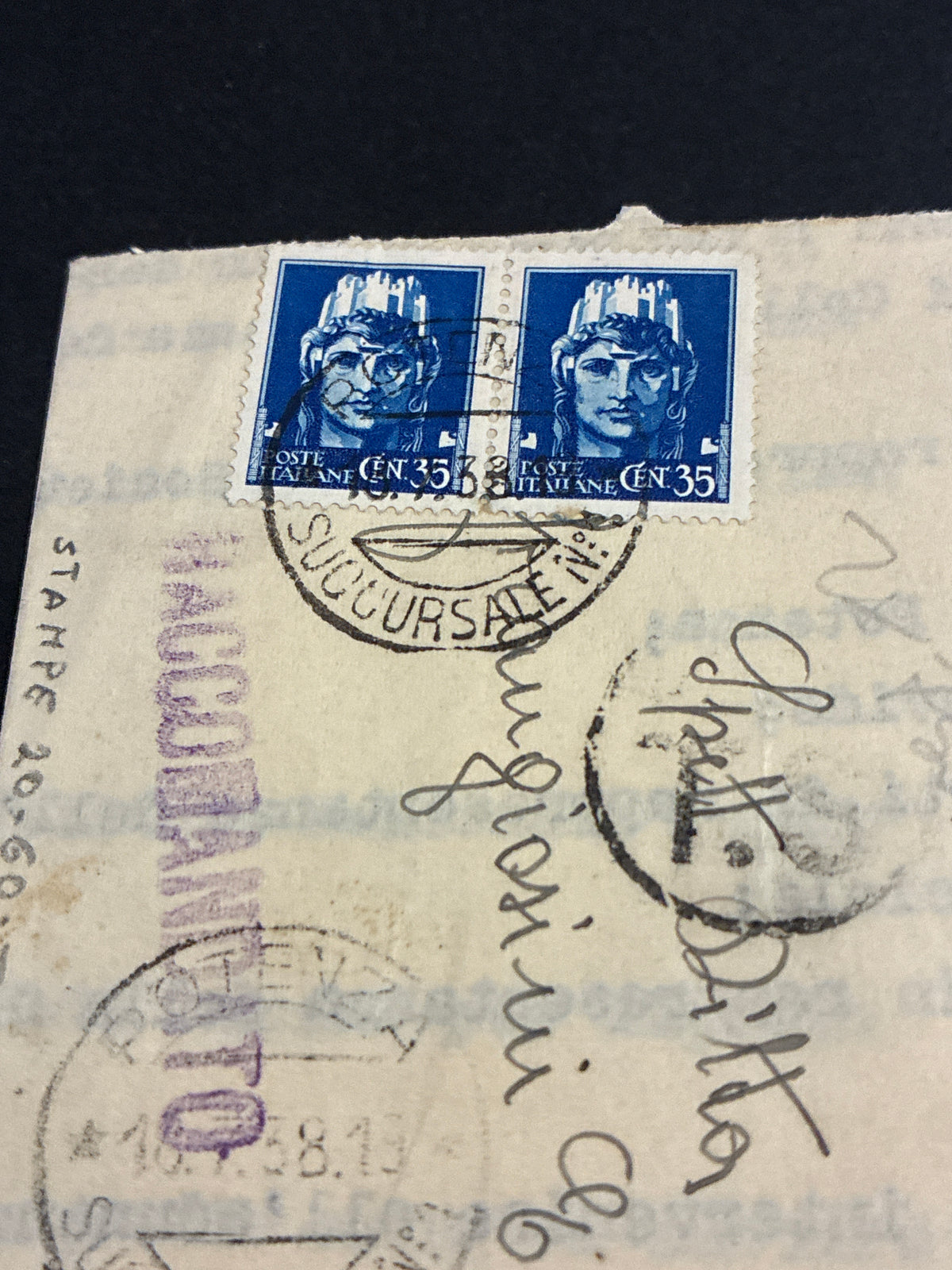 Foglio Ripiegato Raccomandata 1943 Potenza Atto Originale Tribunale Fallimenti Sigillo Fascista Coppia 35c Imperiale Storia Postale Basilicata