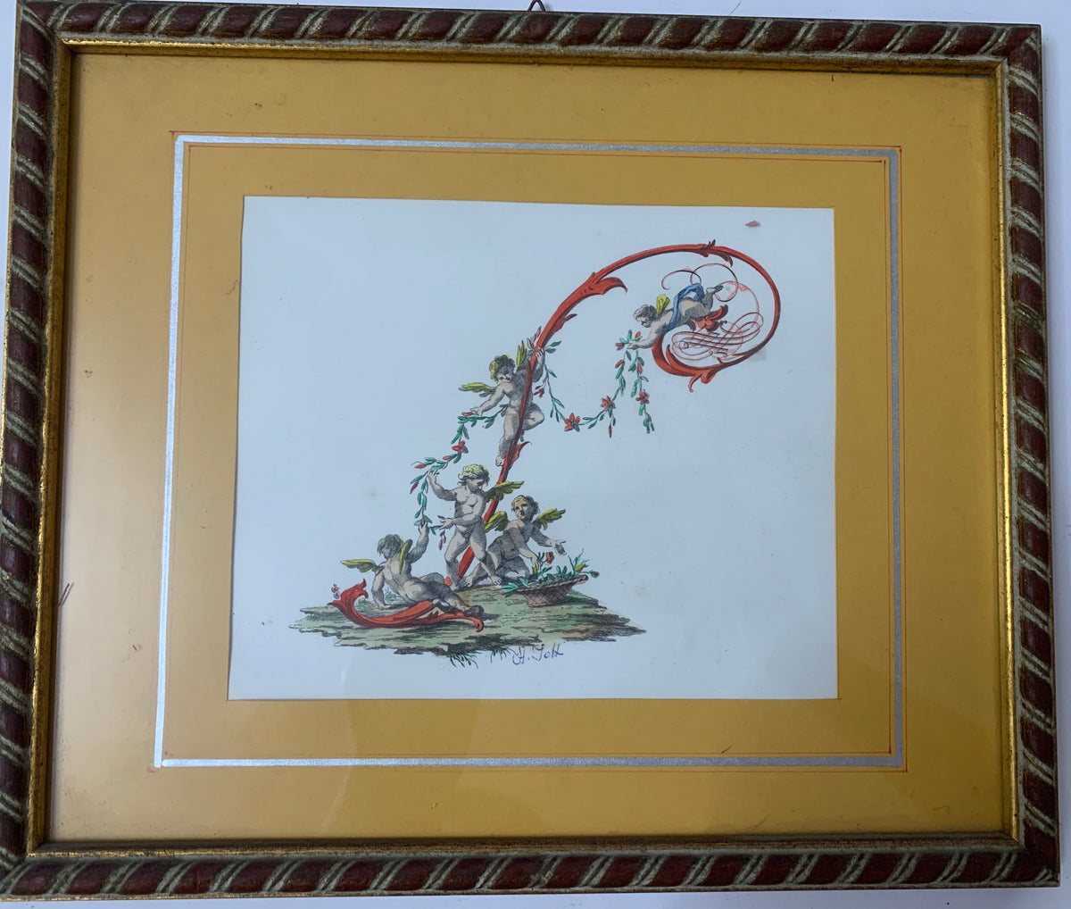 Stampa Vintage Classica Putti e Fiori Firmata H. Tott con Cornice Dorata