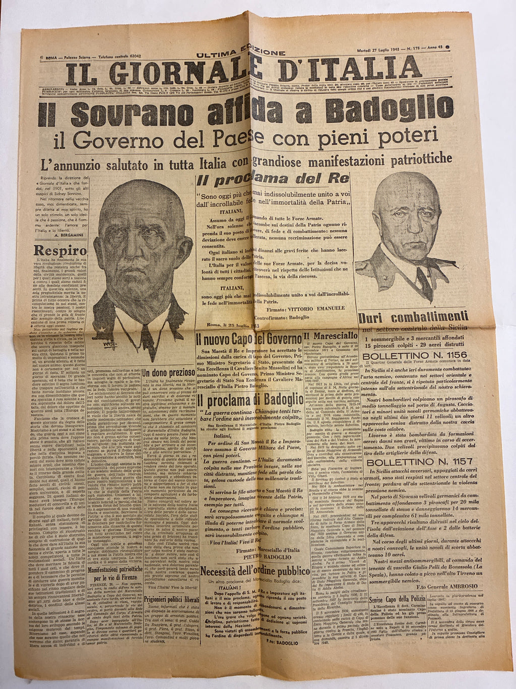 Quotidiano Originale Il Giornale d'Italia 27 Luglio 1943 - Caduta del Fascismo e Governo Badoglio