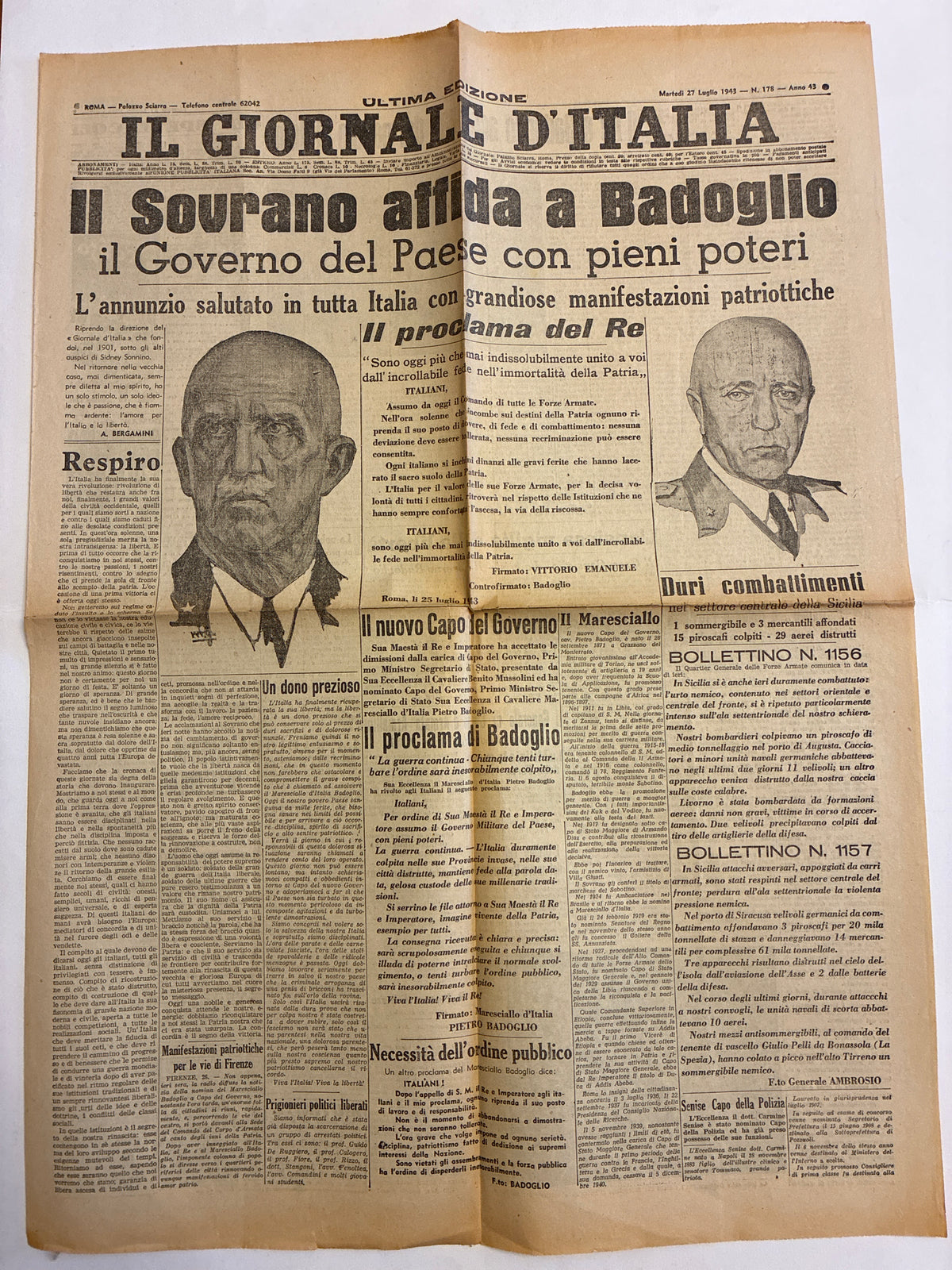 Quotidiano Originale Il Giornale d'Italia 27 Luglio 1943 - Caduta del Fascismo e Governo Badoglio