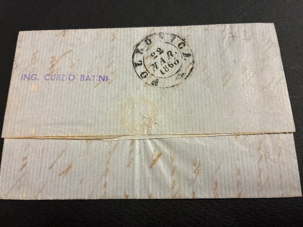 Lettera 1863 con 15 Centesimi Azzurro Primo Tipo "Matraire" in uso precoce dall'Archivio e Collezione dell'Ing. Curzio Batini