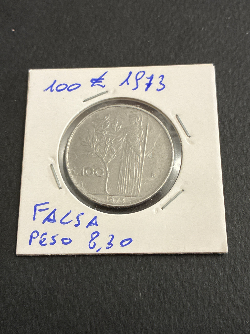 100 lire del 1973 Minerva falso d'epoca con peso eccedente a 8,30 grammi